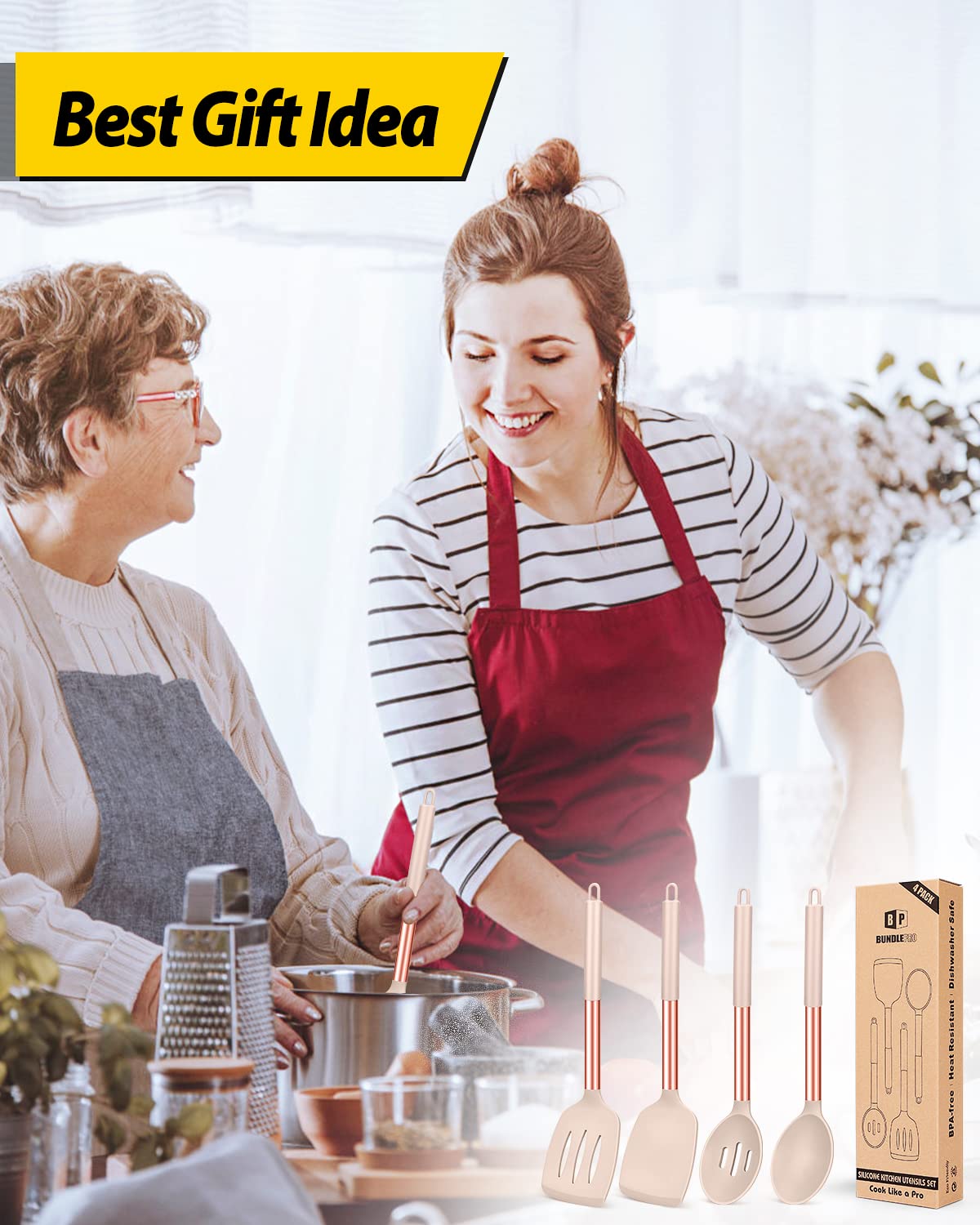 4er-Set Kochutensilien aus Silikon, große, massive, antihaftbeschichtete Spatel, hitzebeständige Schlitzlöffel in Roségold-Khaki, ideale BPA-freie Küchenwender zum Braten, Mischen, Servieren, Abtropfen und Wenden. 