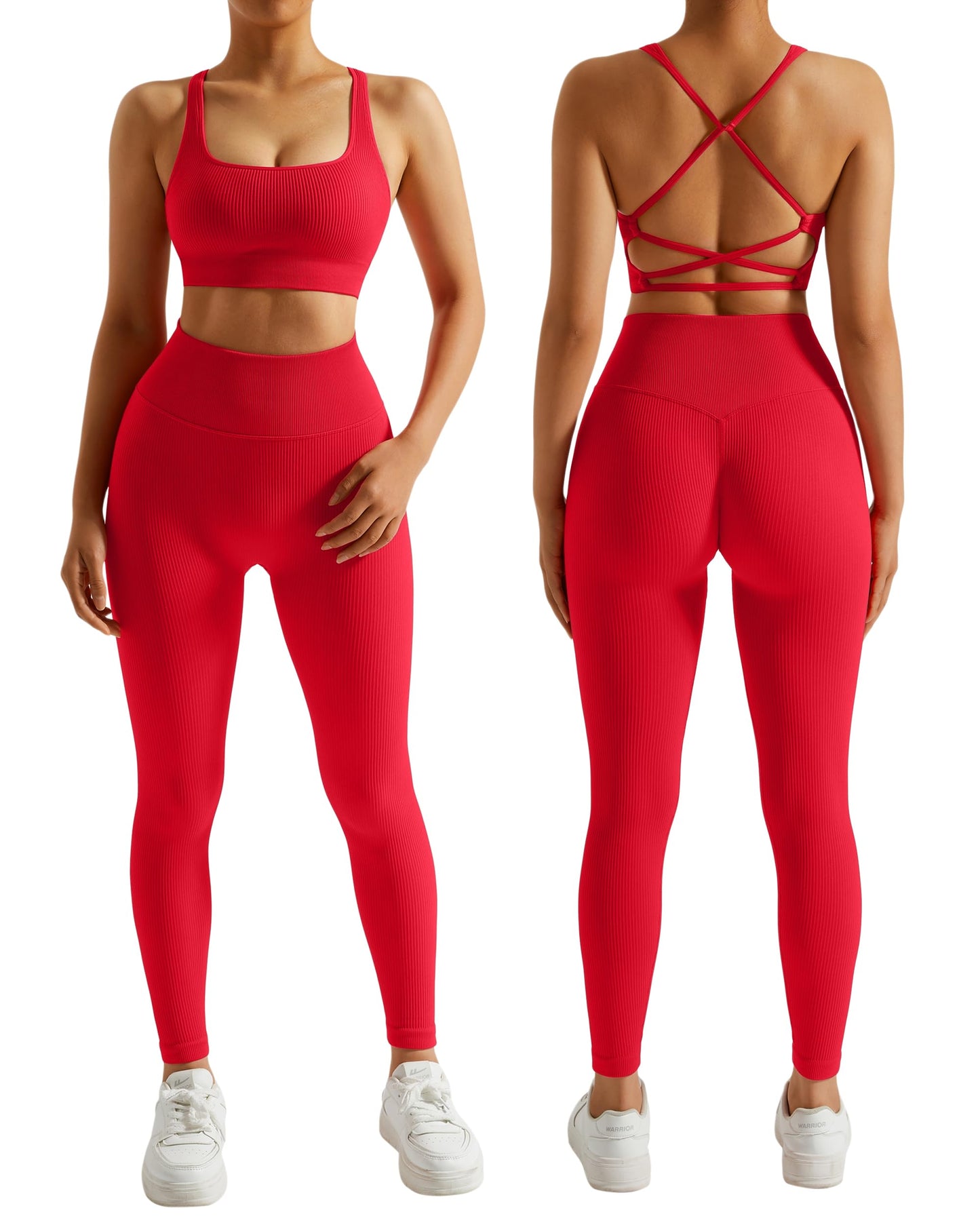 RXRXCOCO Ribbed Workout Sets for Women 2 Piece Backless Strappy Sports Bra Seamless Leggings Matching Set Yoga Outfits