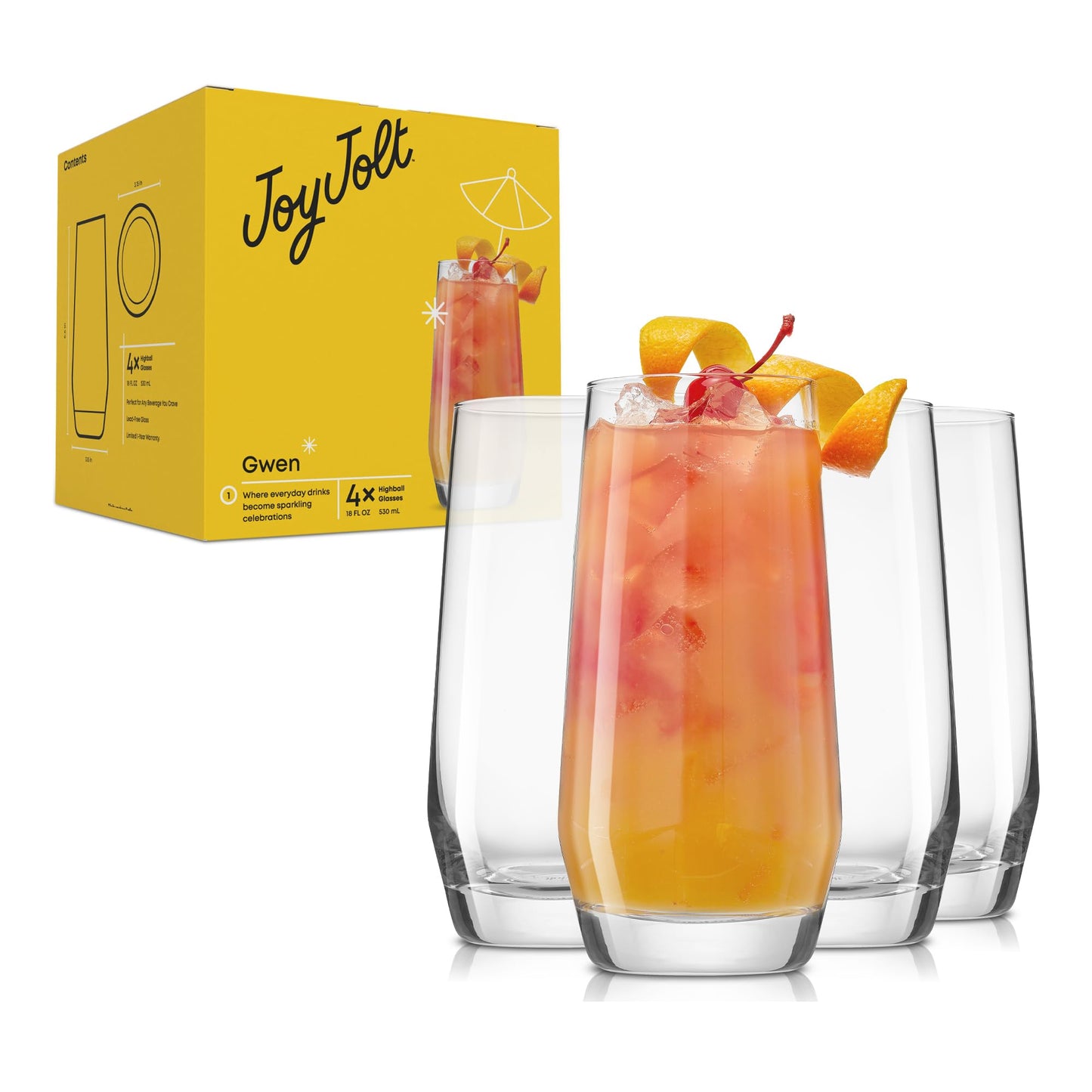 JoyJolt Gwen 18.5 oz Highball Glasses, 4pc Tall Glass Sets. Lead-Free Crystal Glass Drinking Glasses. Water Glasses, Mojito Glass Cups, Tom Collins Bar Glassware, and Mixed Drink Cocktail Glass Set