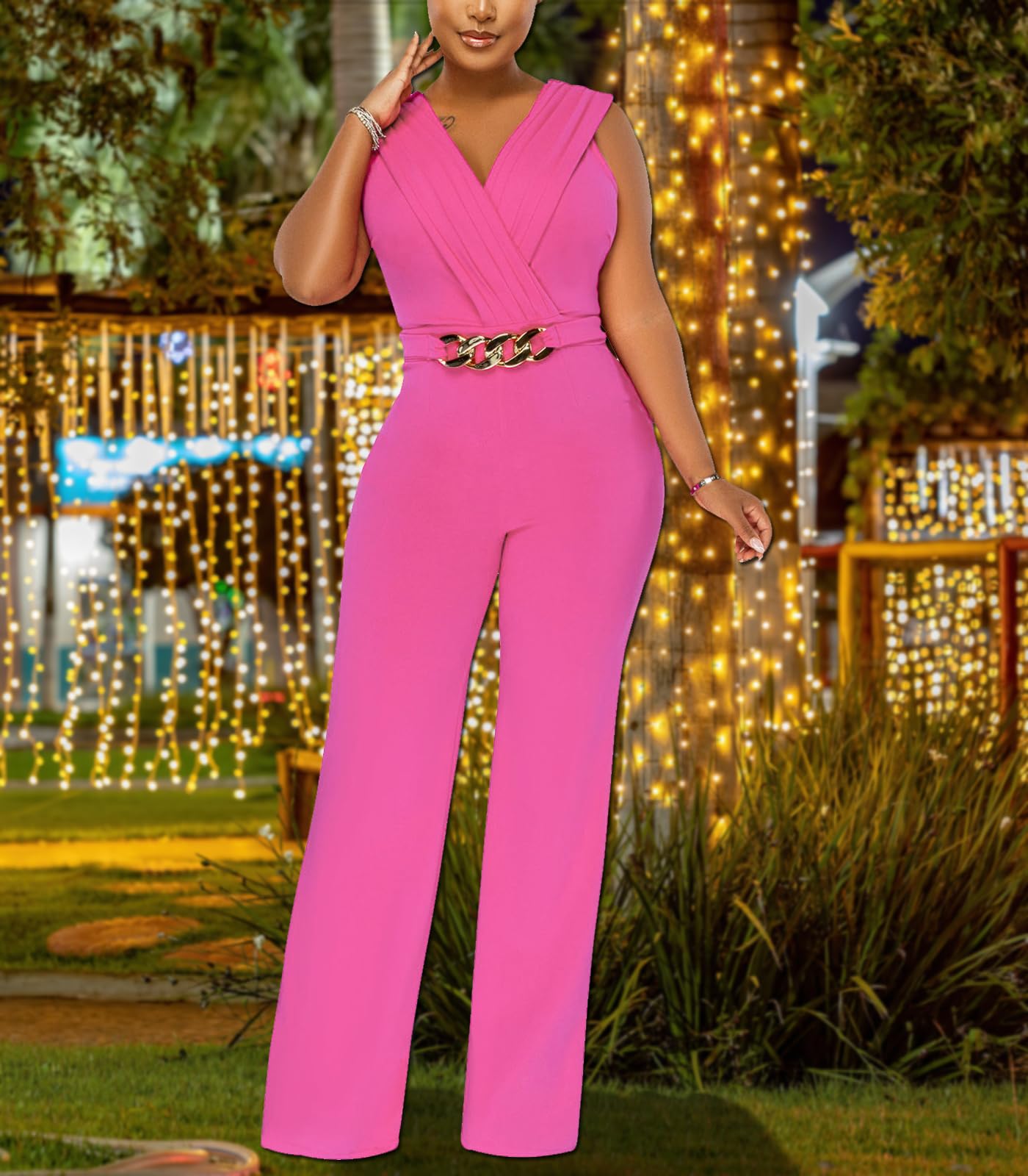 Women's Summer Formal Dressy Jumpsuits Elegant V Neck Sleeveless Party Rompers Stretchy Wrap Wide Leg Long Pants Clubwear