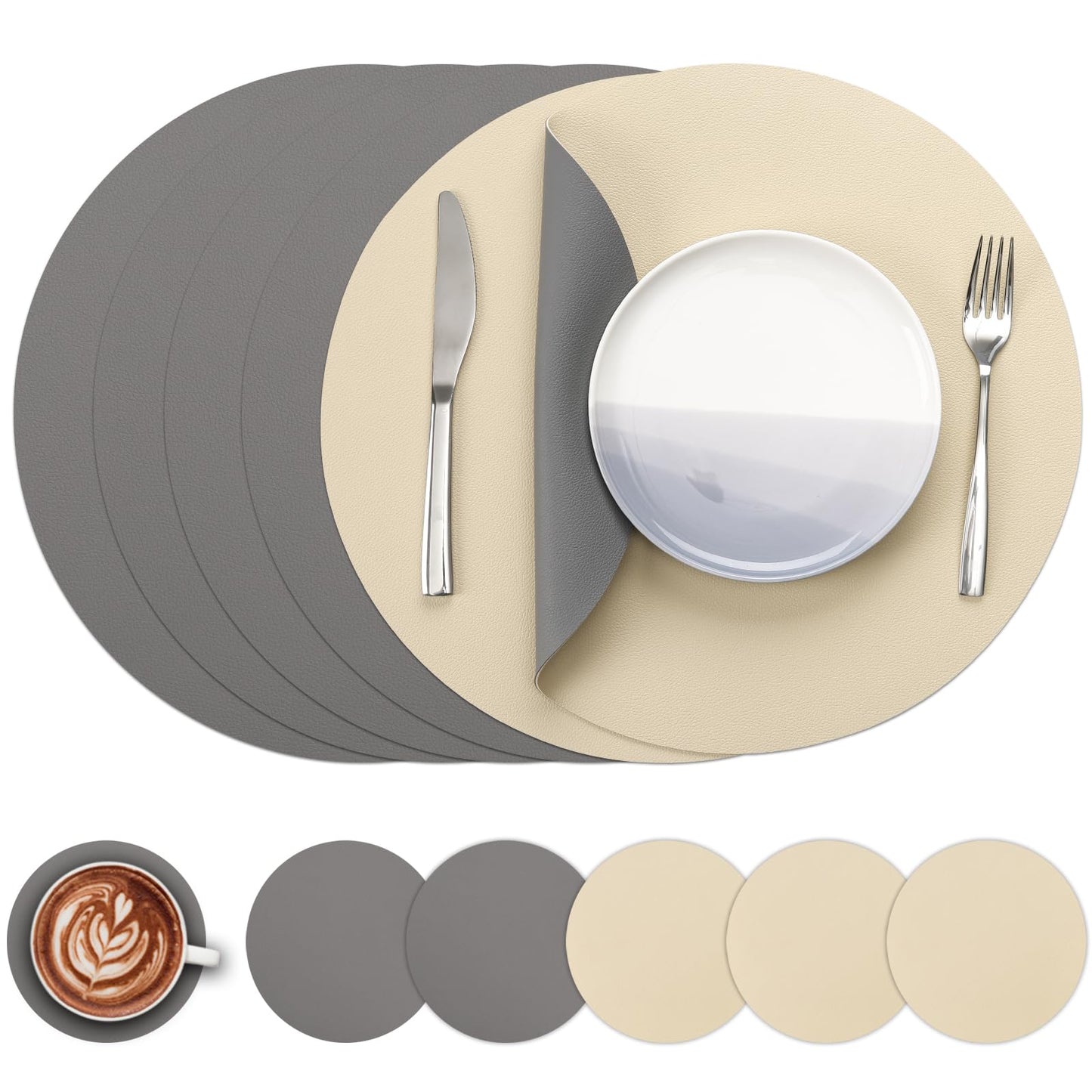 Myir JUN Round Table Placemats Set of 4 Faux Leather Place Mats and Coasters 15 inch Round Placemats Dual Sided Placemats Non-Slip Placemats Stain Resistant Placemats (Gray & Yellow, Set of 4)