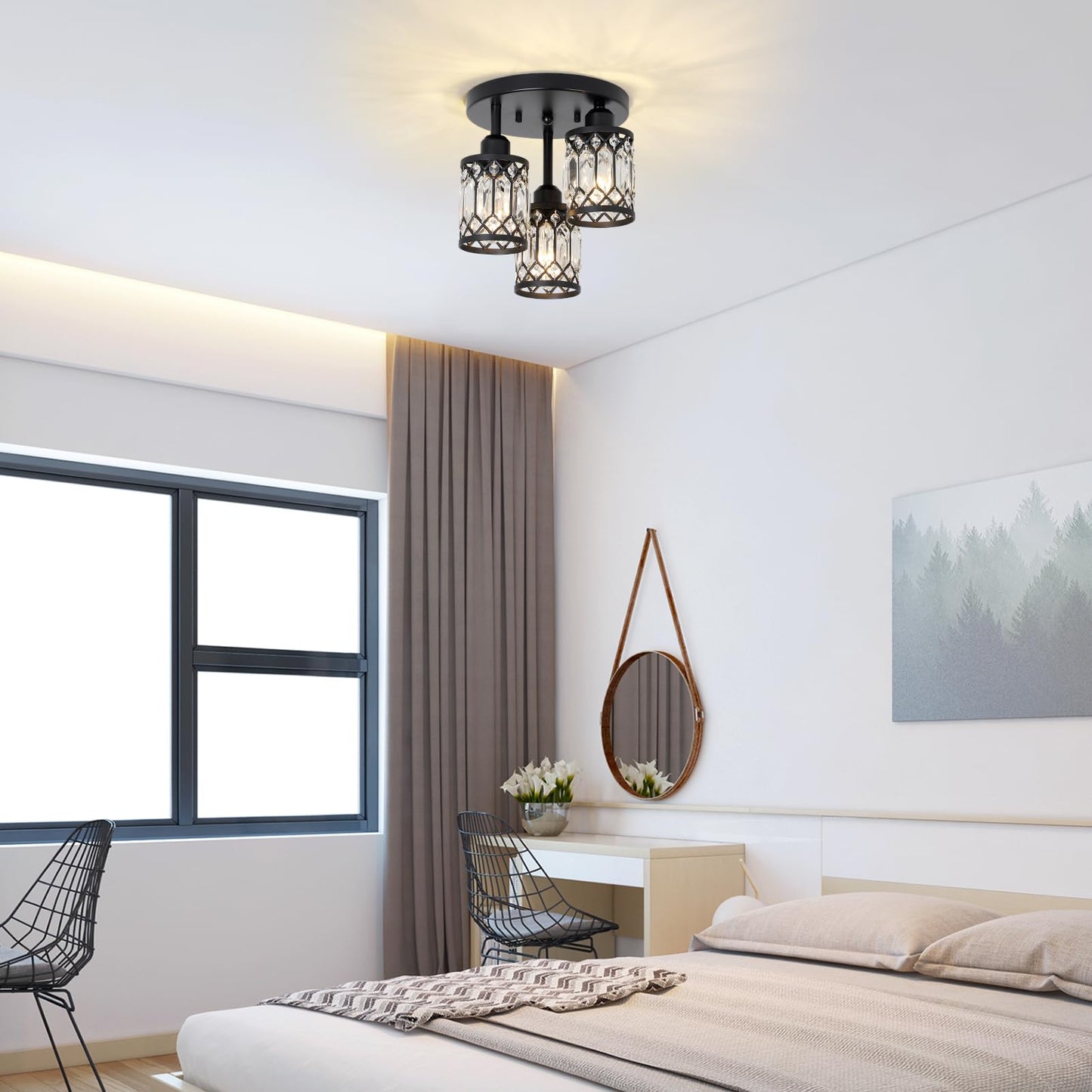 3-Light Crystal Semi Flush Mount Ceiling Light | Black Modern Fixture for Kitchen, Hallway & Bedroom