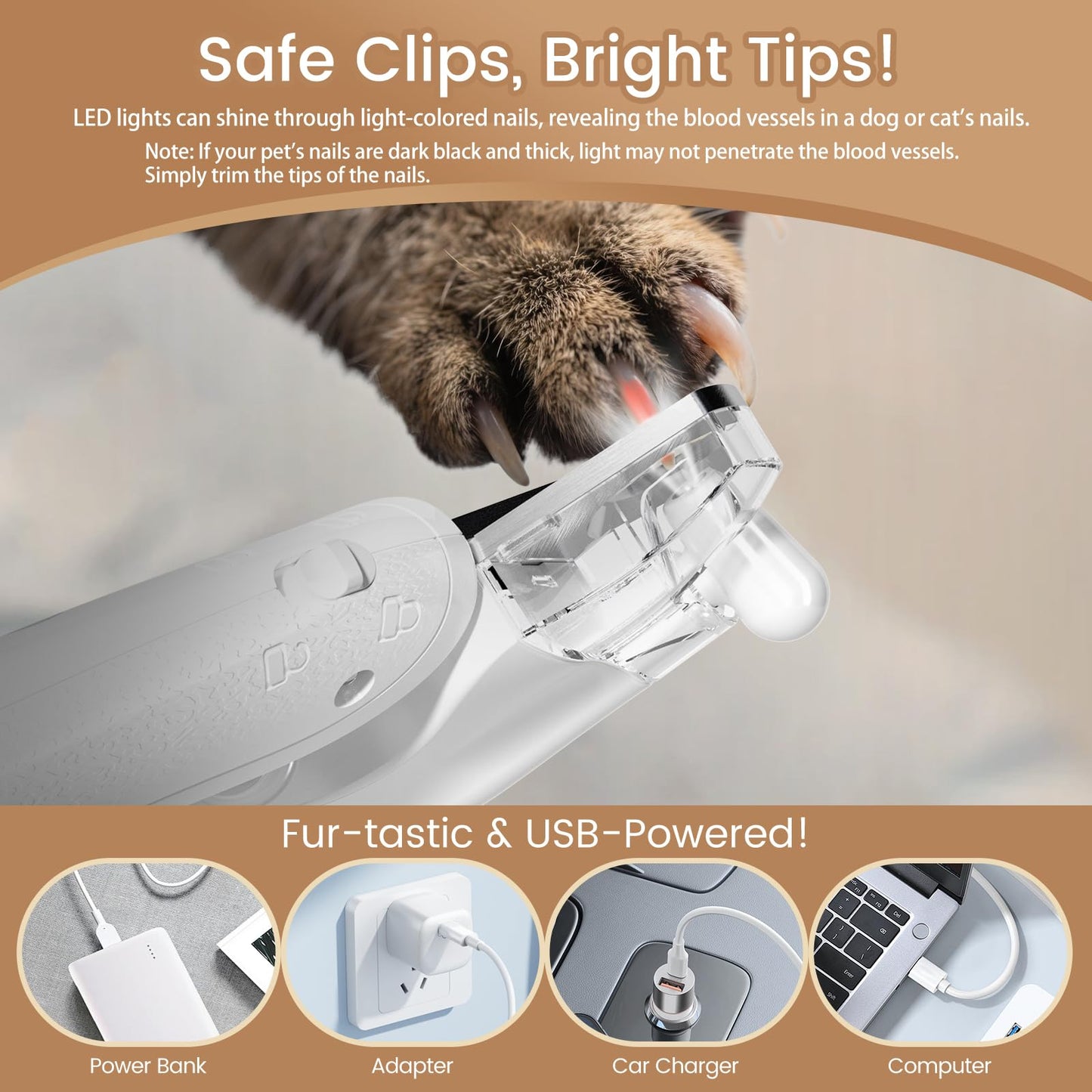 2-in-1 Dog & Cat Nail Clippers with LED Light, Rechargeable Pet Hair Trimmer, Waterproof Grooming Tool