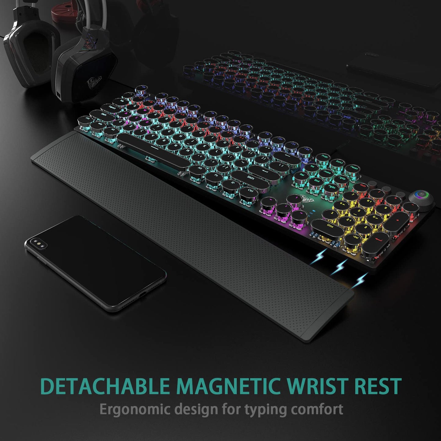 AULA F2088 Mechanical Gaming Keyboard – Blue Switches, Rainbow LED Backlit, Media Knob, Wrist Rest, Retro Typewriter Keycaps, USB Wired