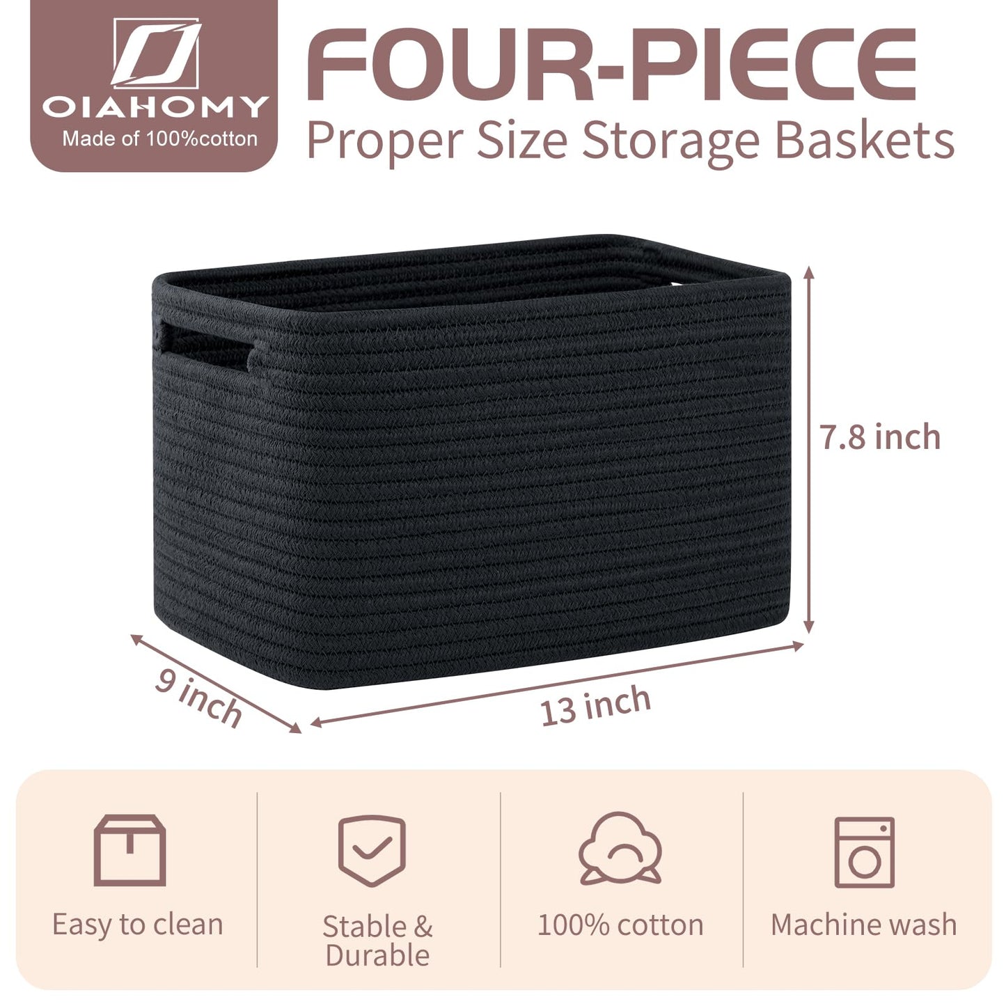 OIAHOMY 4 Pack Storage Baskets for Organizing, Cube Storage Bins for Shelves, Rectangle Storage Baskets With Handles, Woven Baskets for Storage, 12.7''Lx9''Wx7.8''H, Black