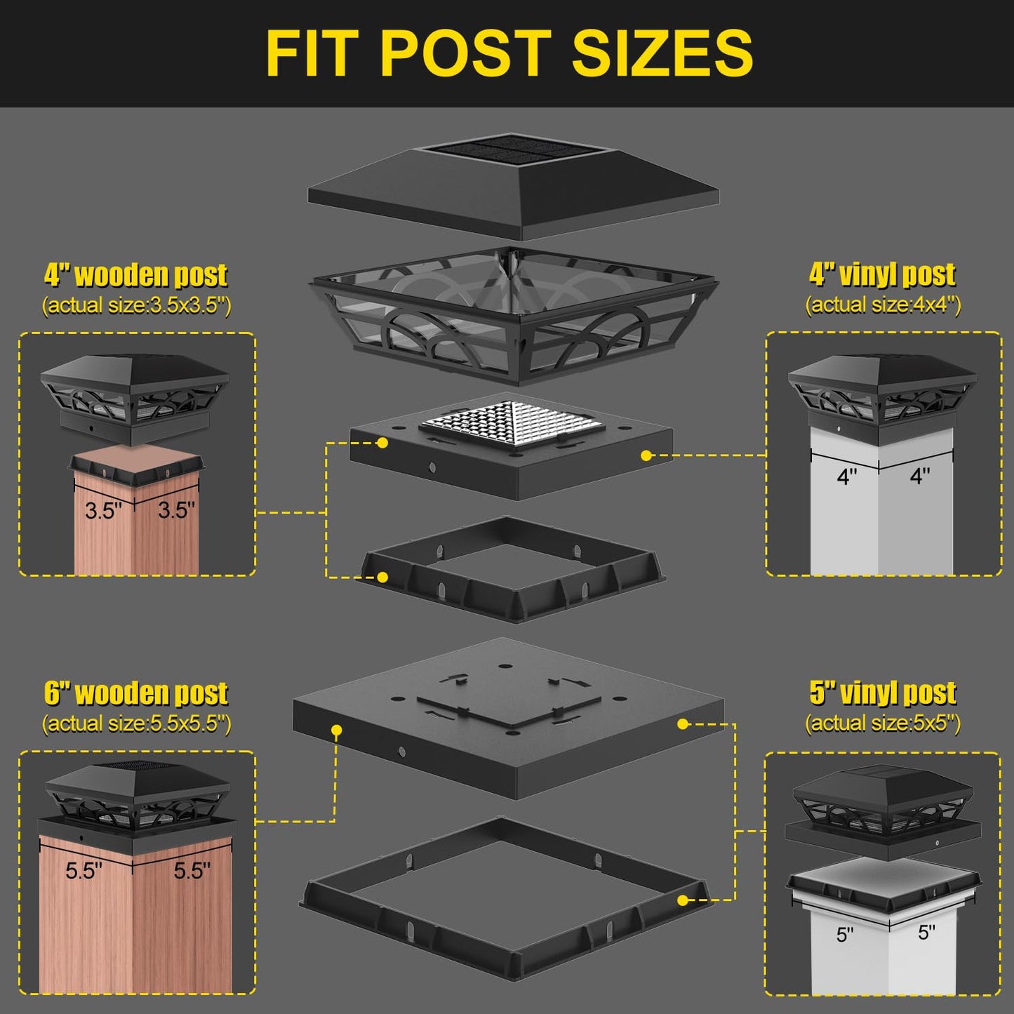 T-SUN Solar Post Cap Lights, 6 Pack – Warm & Cool White, Waterproof, Fits 4x4/5x5/6x6 Posts