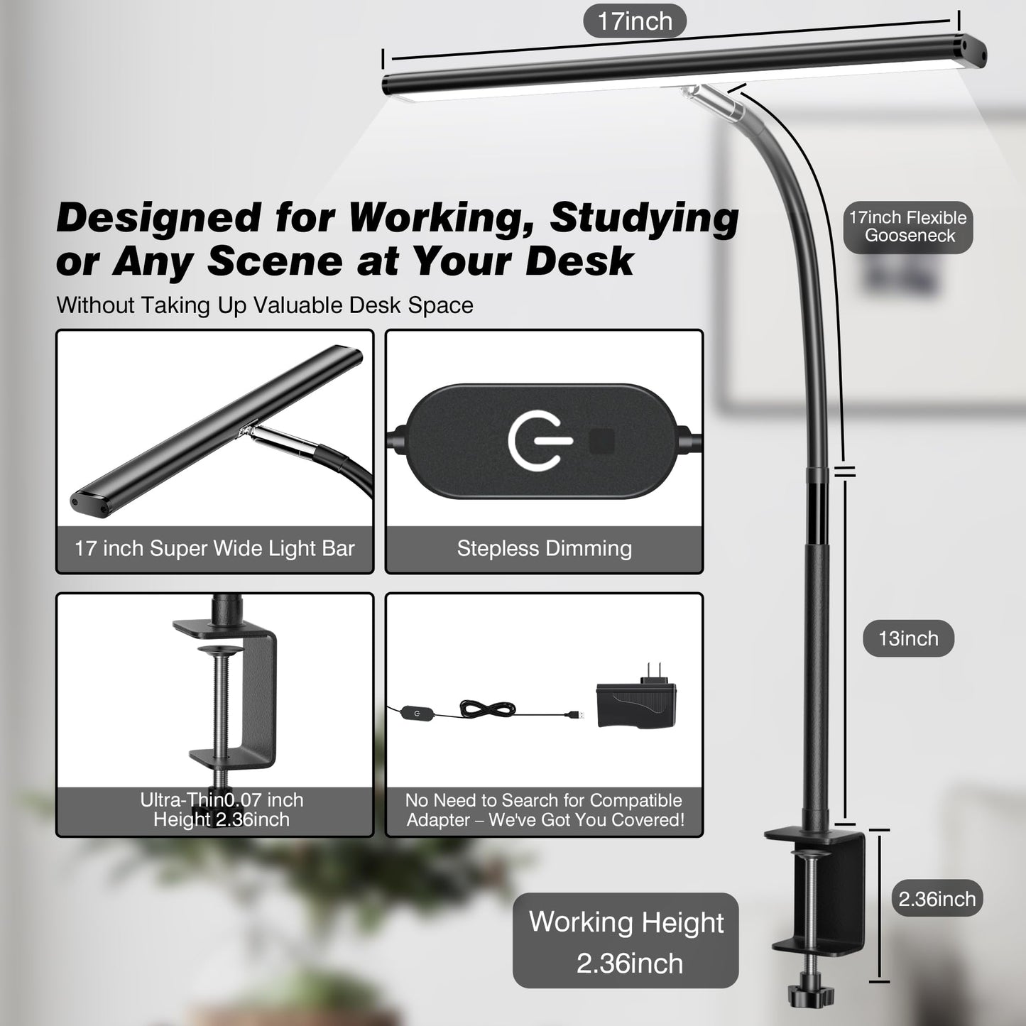 LED Desk Lamp for Office Home, Eye-Caring Desk Light with Stepless Dimming Adjustable Flexible Gooseneck, 10W USB Adapter Desk Lamp with Clamp for Reading, Study, Workbench (Black)