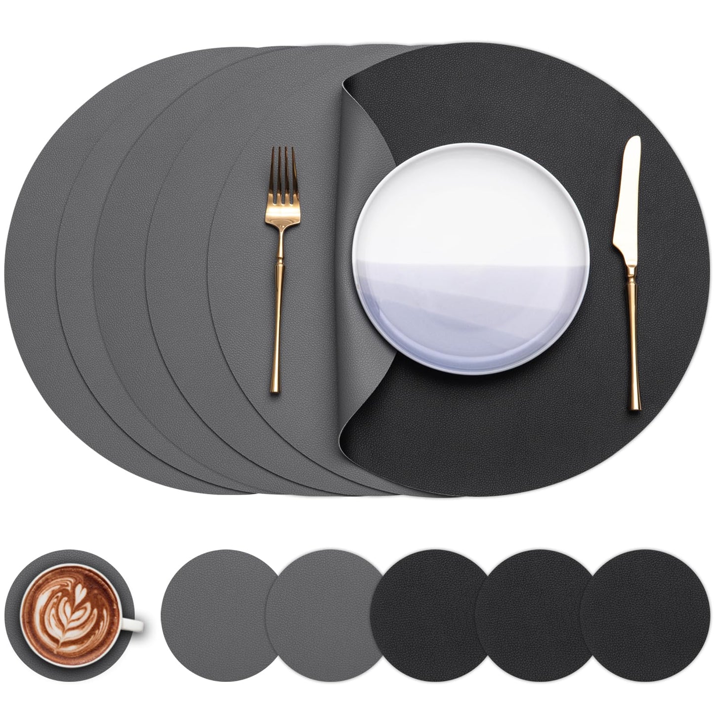 Myir JUN Round Table Placemats Set of 4 Faux Leather Place Mats and Coasters 15 inch Round Placemats Dual Sided Placemats Non-Slip Placemats Stain Resistant Placemats (Gray & Yellow, Set of 4)