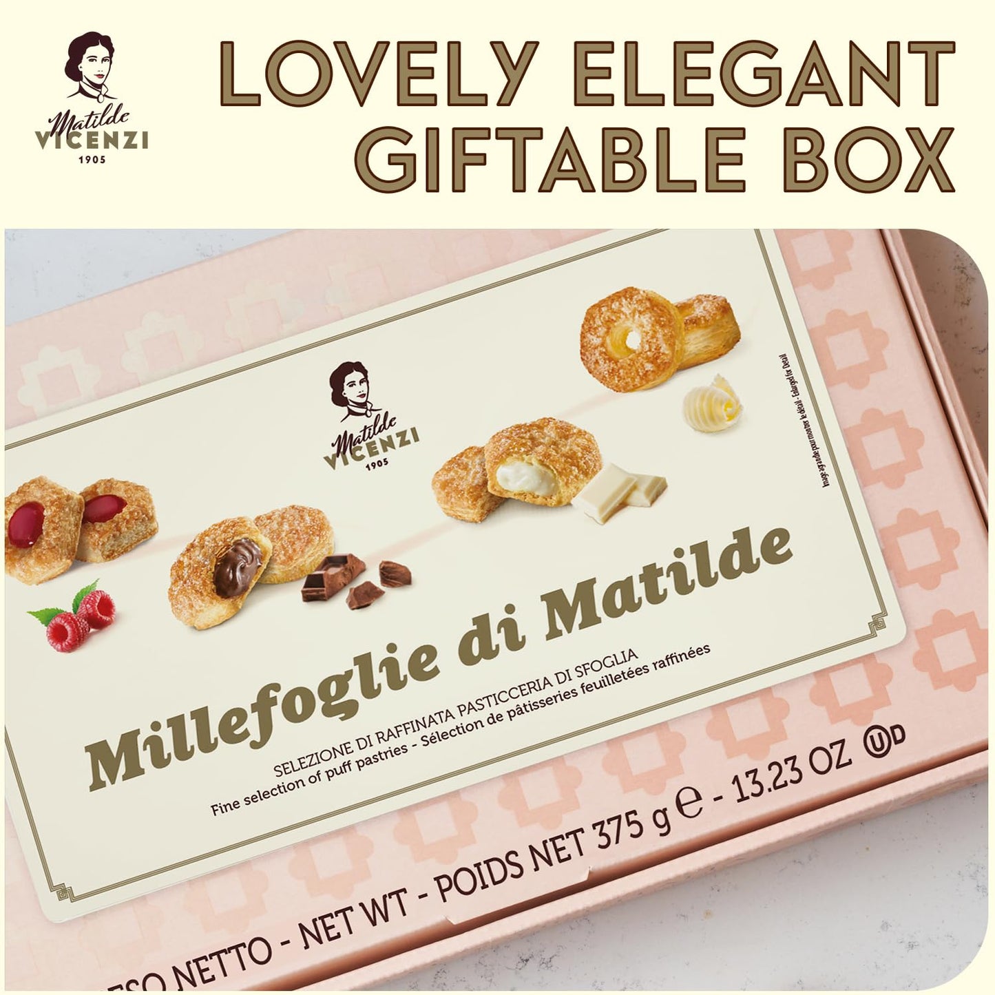 Millefoglie D'Italia Fine Selection of Italian Puff Pastries, Assortment of Vanilla, Chocolate, Butter & Raspberry Cookies, 13.23 oz (375g)