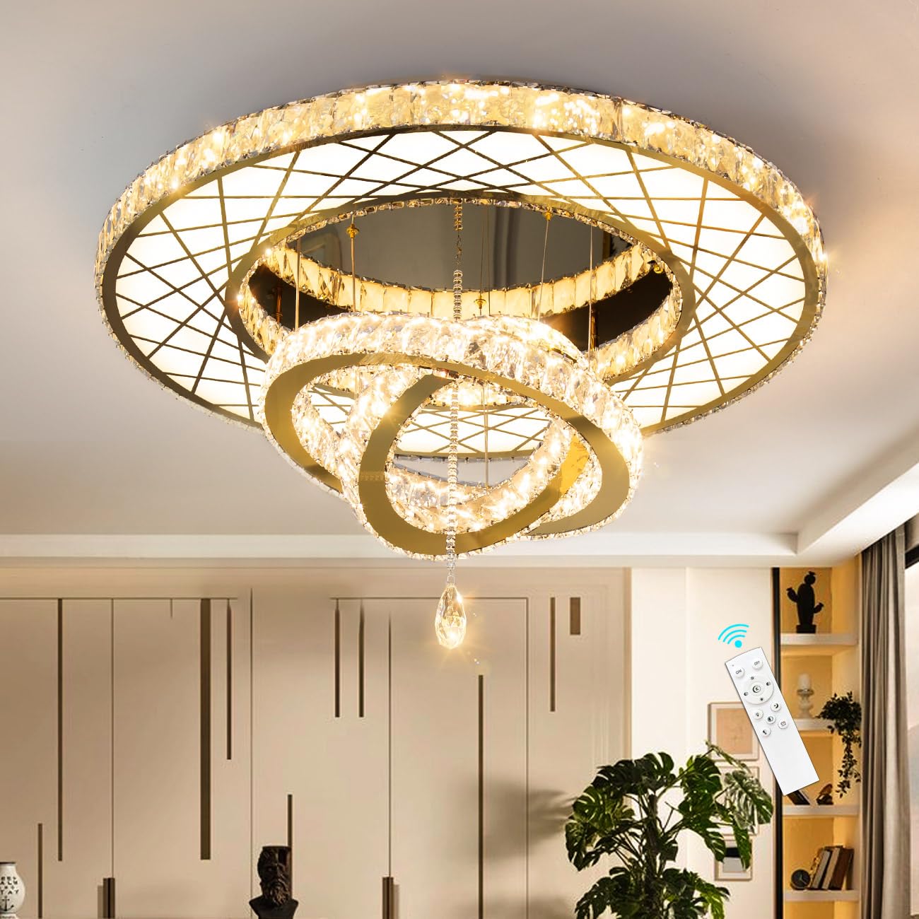 Modern Flush Ceiling Chandelier Bedroom Light Fixtures Crystal Flat Sloping Ceiling Lights for Hallway Kitchen Dining Room Dimmable Light with Remote Gold