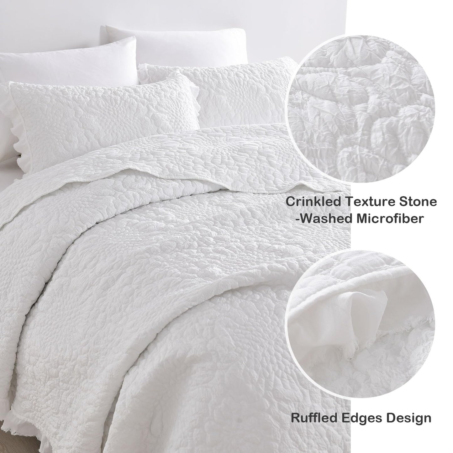 HORIMOTE HOME White Ruffled Quilt King Size, Stone-Washed Microfiber Lightweight Crinkled Farmhouse Rustic Shabby Chic Bedding Set, 3 Pieces Reversible Bedspread with Pillow Shams for All Season