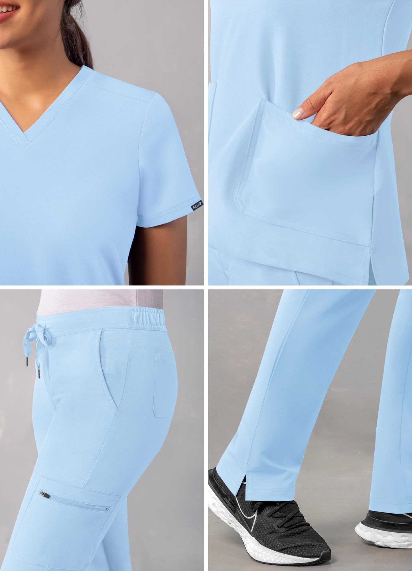 Adar Addition Go-Basic Scrub Set for Women - Slim V-Neck Scrub Top & Skinny Cargo Scrub Pants