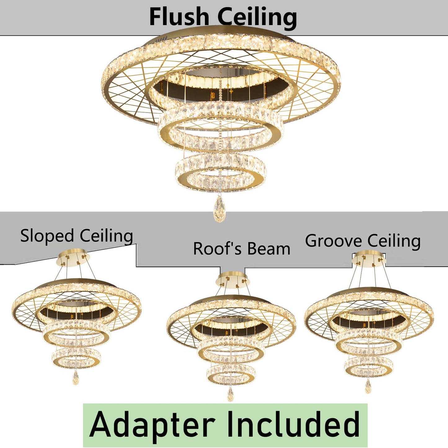 Modern Flush Ceiling Chandelier Bedroom Light Fixtures Crystal Flat Sloping Ceiling Lights for Hallway Kitchen Dining Room Dimmable Light with Remote Gold