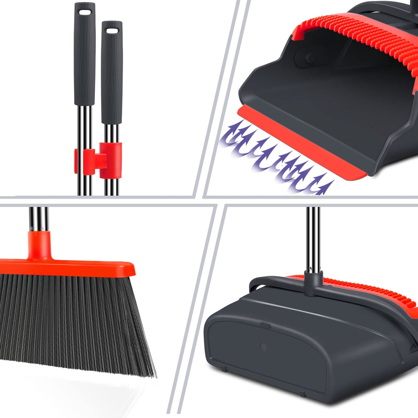 kelamayi Broom and Dustpan Set for Home, Stand Up Broom and Dustpan Combo for Office, Indoor&Outdoor Sweeping (Black&Red)