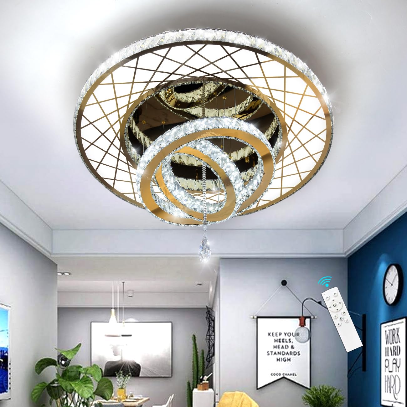 Modern Flush Ceiling Chandelier Bedroom Light Fixtures Crystal Flat Sloping Ceiling Lights for Hallway Kitchen Dining Room Dimmable Light with Remote Gold