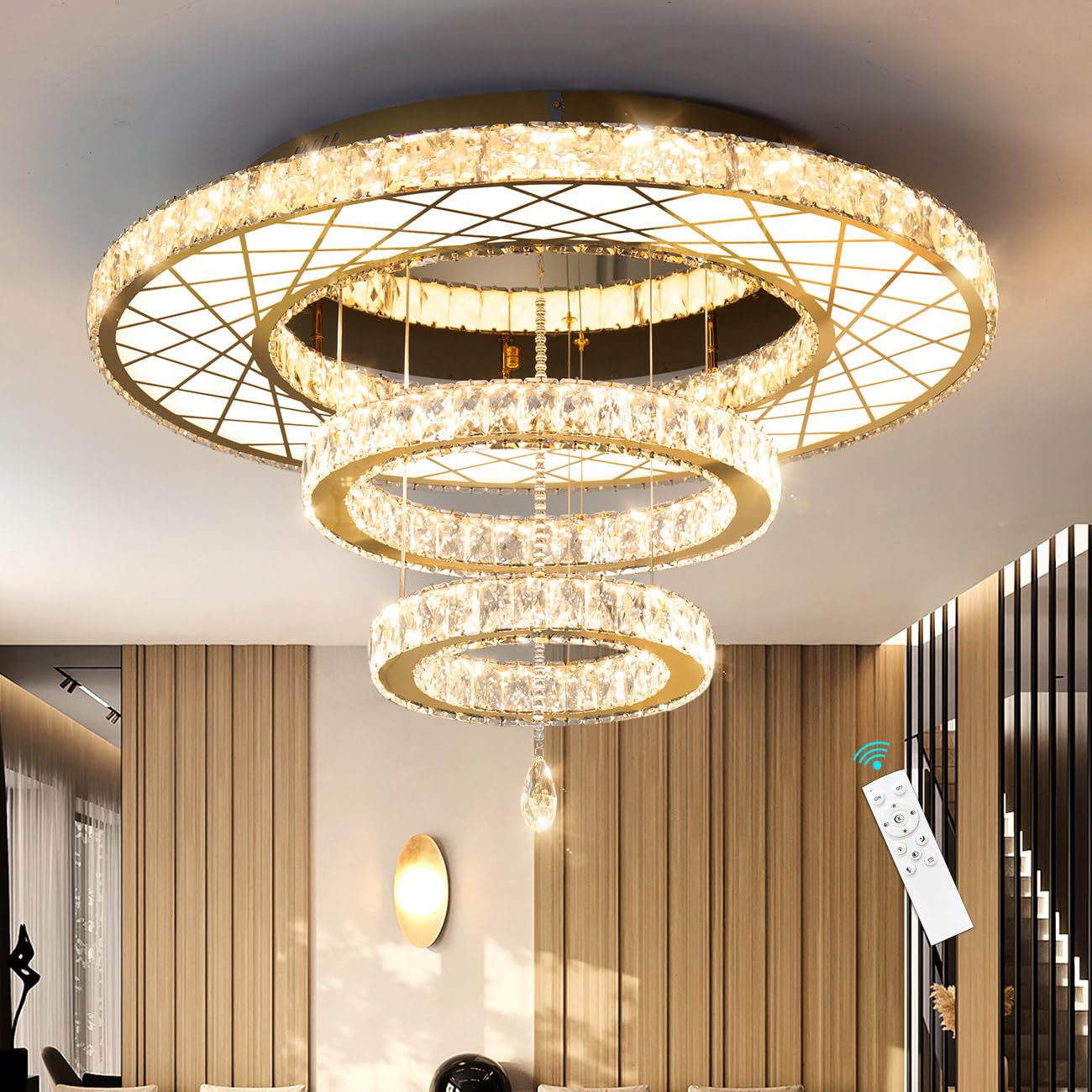 Modern Flush Ceiling Chandelier Bedroom Light Fixtures Crystal Flat Sloping Ceiling Lights for Hallway Kitchen Dining Room Dimmable Light with Remote Gold