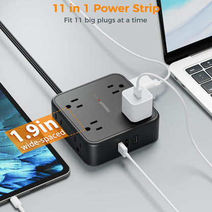 Surge Protector Flat Extension Cord Flat Plug Power Strip, 8 AC Outlets, 3 USB Charger(1 USB C Port) 3-Sided Outlet Extender, 5 Ft, 900 Joules Protection