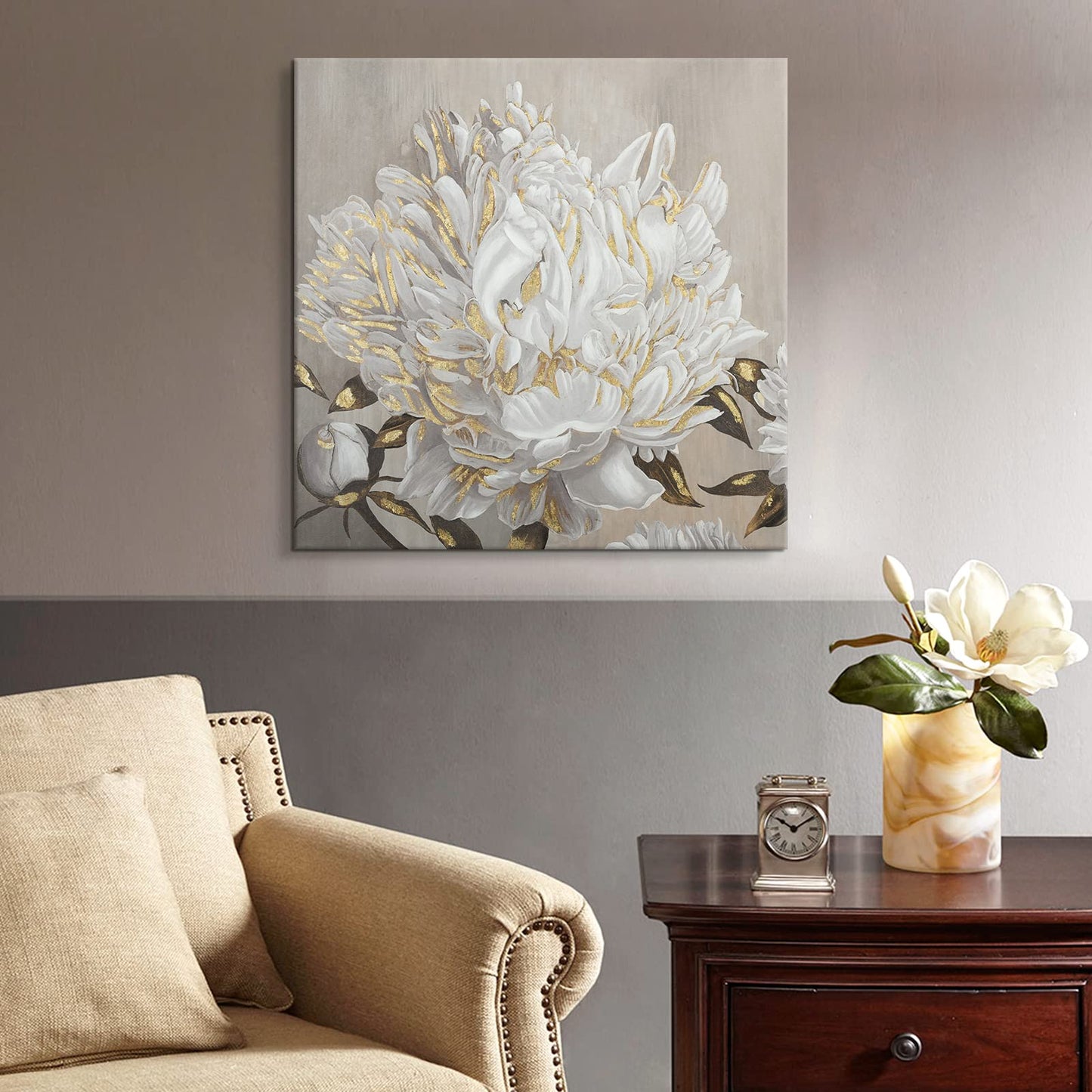 Goldfoilart Décoration murale florale moderne en fleurs blanches avec peintures en feuille d'or, œuvres d'art encadrées pour salon, chambre à coucher, cuisine, 61 x 61 cm x 2 pièces 