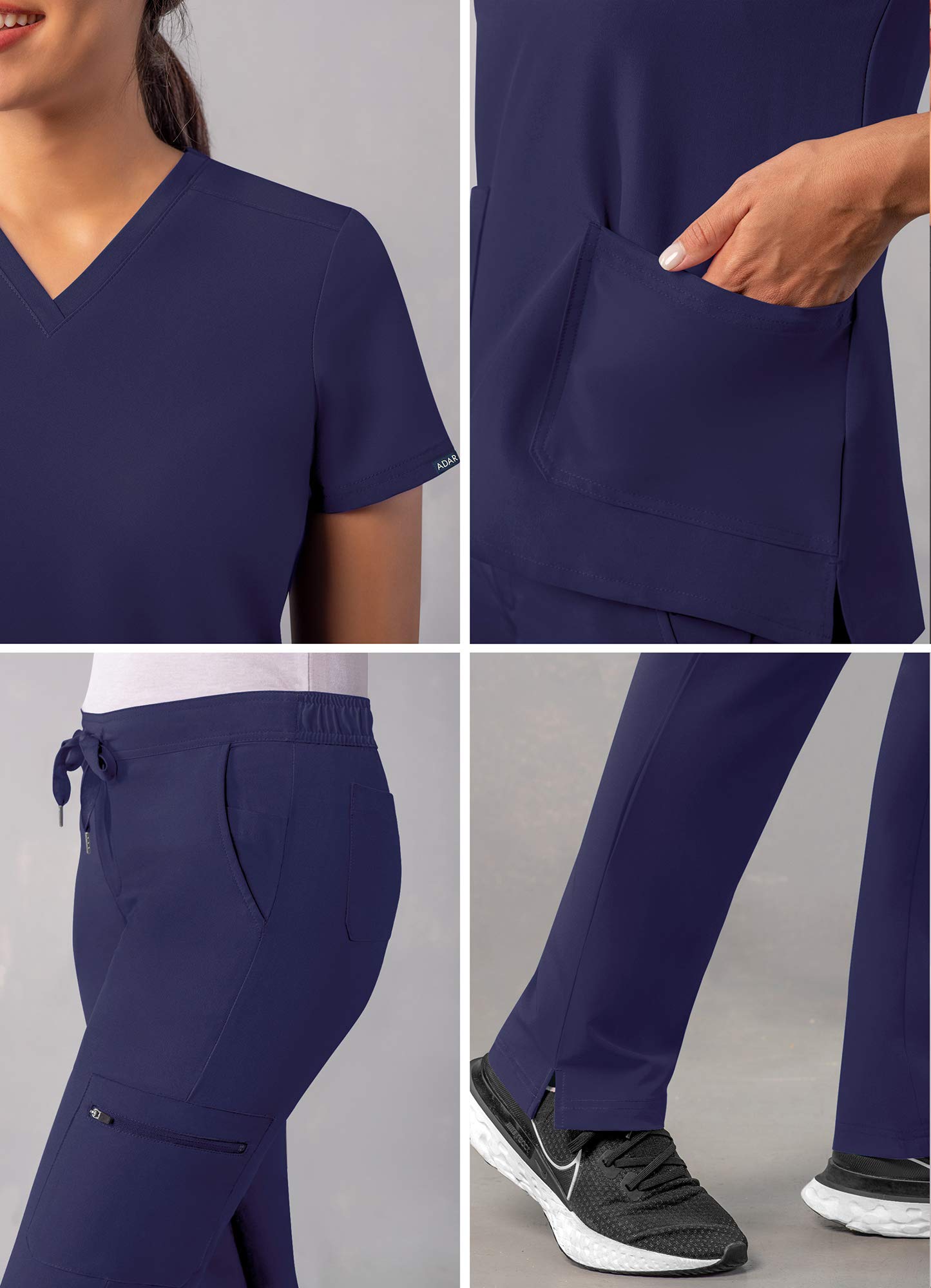 Adar Addition Go-Basic Scrub Set for Women - Slim V-Neck Scrub Top & Skinny Cargo Scrub Pants