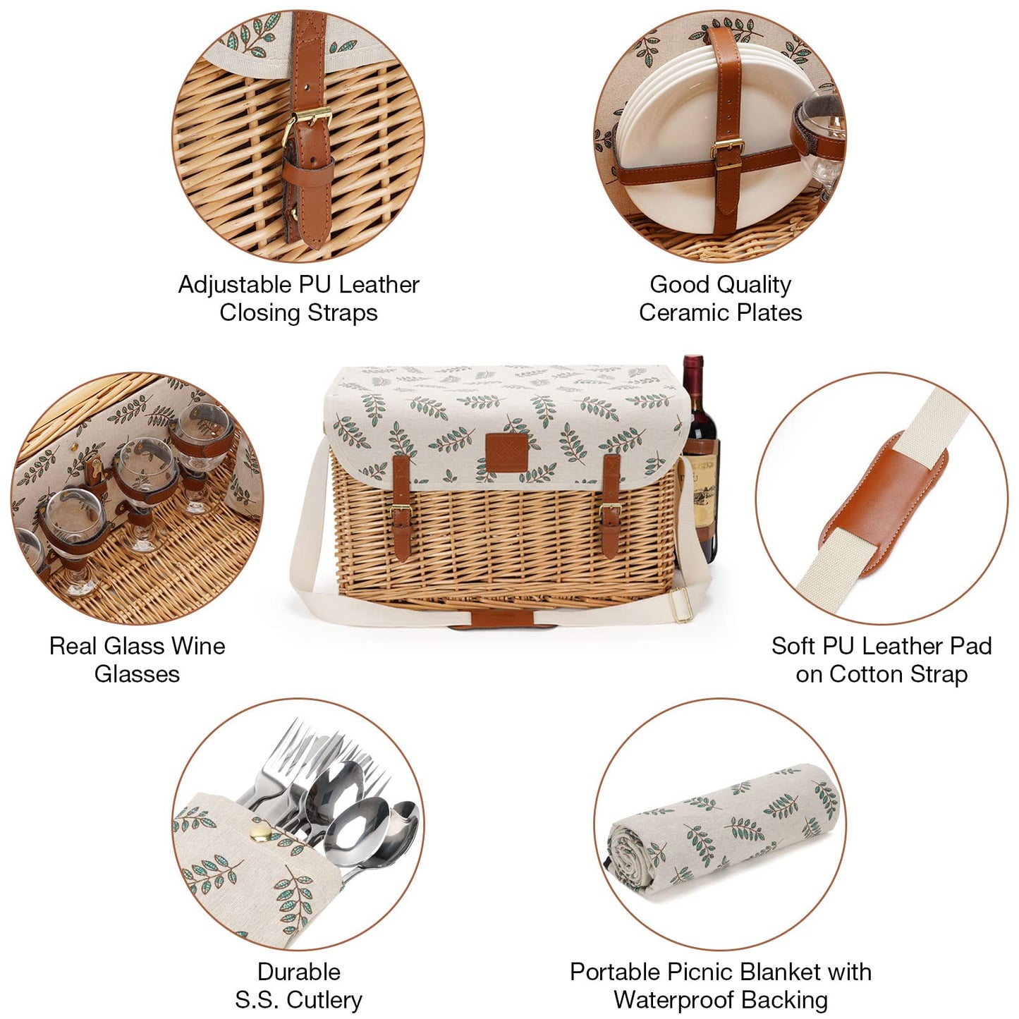 Wicker Picnic Basket for 4, 4 Person Picnic Kit, Willow Hamper Service Gift Set with Blanket Portable Bamboo Wine Snack Table for Camping and Outdoor Party