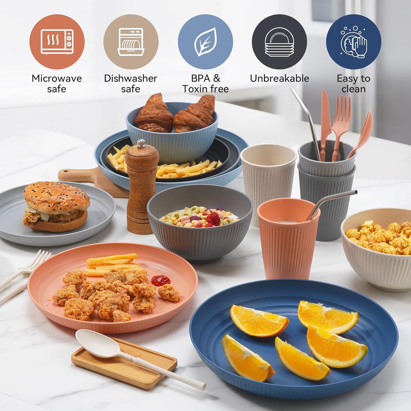 48-Piece Unbreakable Dinnerware Set – Plates, Bowls, Cups & Utensils for 6