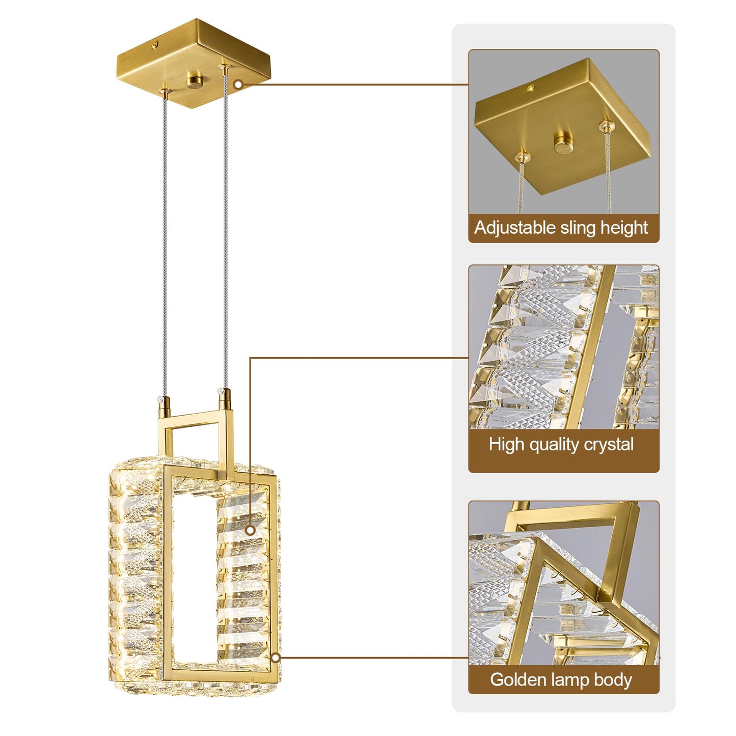 Kitchen Island Mini Light Fixture Modern Led Crystal Pendant Light Gold Rectangle Chandelier for Dining Room Living Room Kitchen Bedroom Bar（1-Pack）