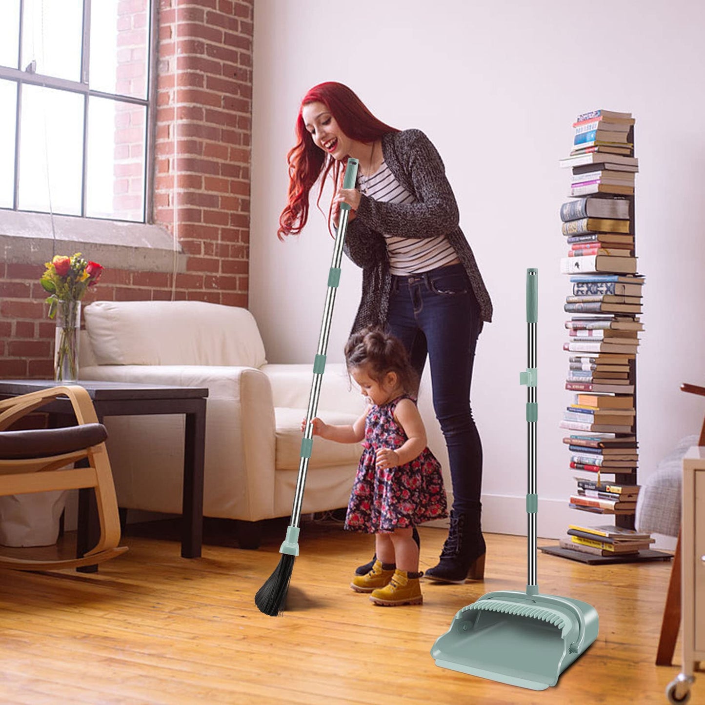 kelamayi Broom and Dustpan Set for Home, Stand Up Broom and Dustpan Combo for Office, Indoor&Outdoor Sweeping (Black&Red)