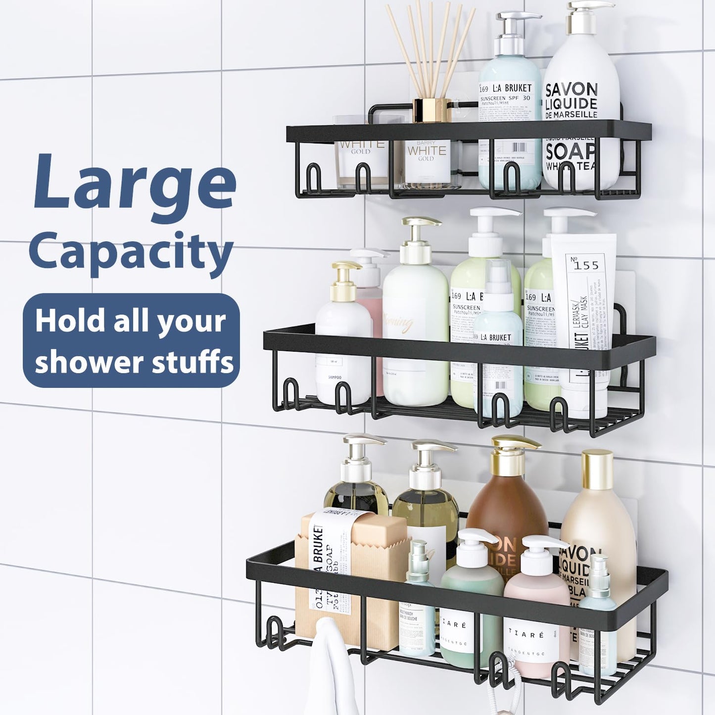 Shower Caddy 5 Pack, Bathroom Shower Organizer Rack for Inside Shower, Adhesive Shower Shelf, Shampoo Holder, Shower Basket, Metal Wall Storage, Grey