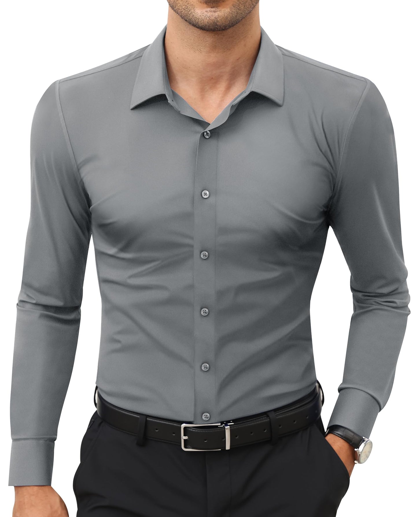 Stretch Mens Dress Shirts Long Sleeve Slim Fit Dress Shirts for Men Muscle Fit Wrinkle Free Button Down Shirt