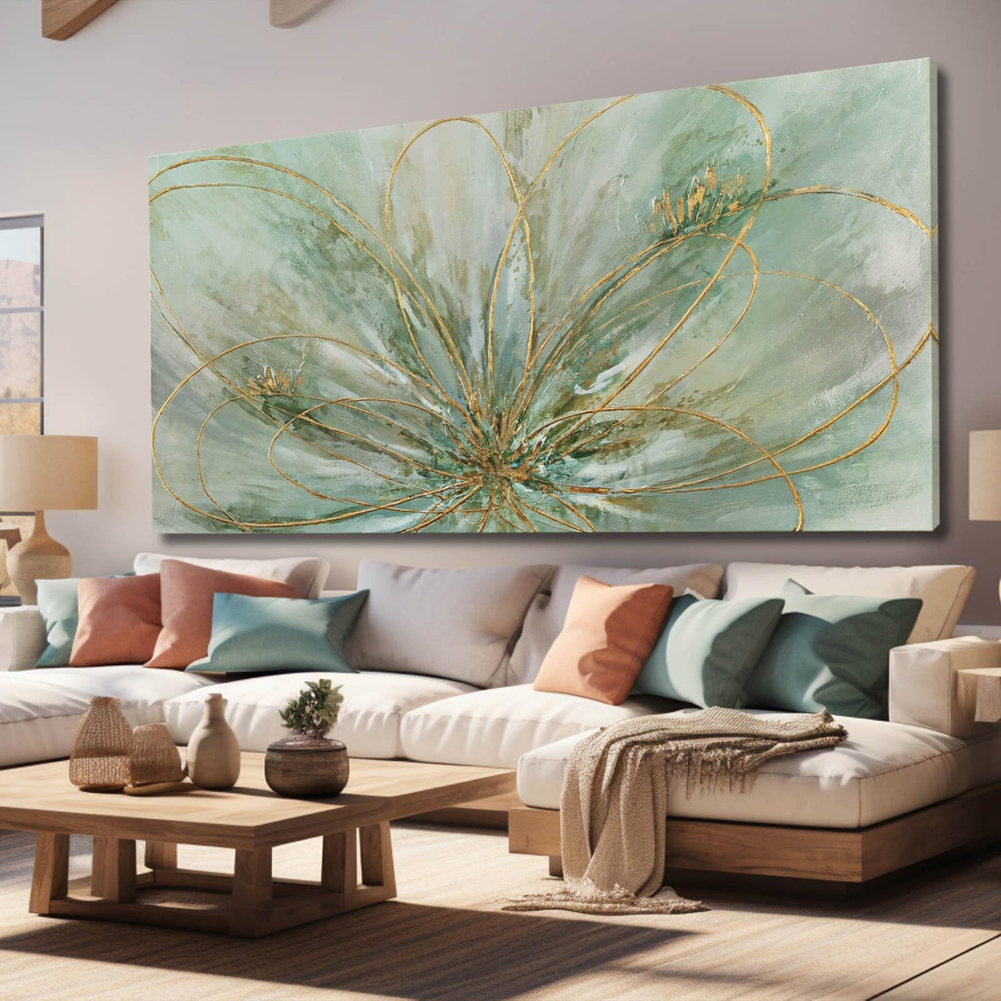 YJYart Abstrakte Wandkunst, Grün und Gold, handgemalt, Ölgemälde, Blüte, botanisch, großes Bild für Wohnzimmer, Schlafzimmer, Küche, Büro, 76,2 x 152,4 cm 