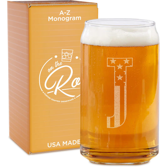 Monogram Beer Glasses for Men (A-Z) 16 oz - Engraved Beer Gifts for Men Brother Son Dad Neighbor - Unique Christmas Gifts for Him - Personalized Drinking Gift Beer Glass Mugs (J)