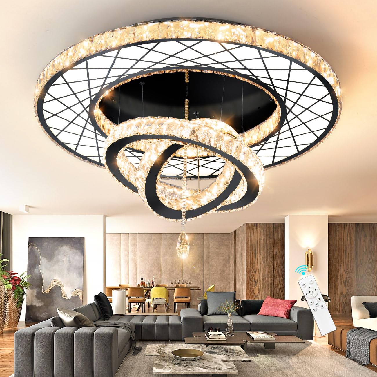 Modern Flush Ceiling Chandelier Bedroom Light Fixtures Crystal Flat Sloping Ceiling Lights for Hallway Kitchen Dining Room Dimmable Light with Remote Gold