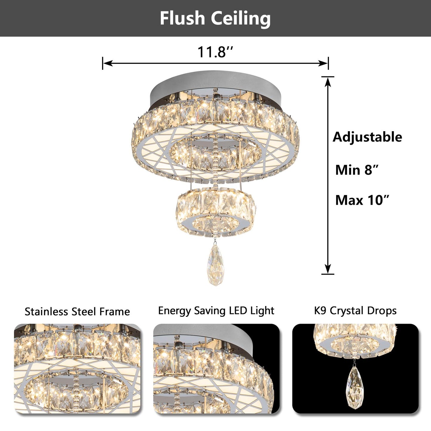 Modern Flush Ceiling Chandelier Bedroom Light Fixtures Crystal Flat Sloping Ceiling Lights for Hallway Kitchen Dining Room Dimmable Light with Remote Gold