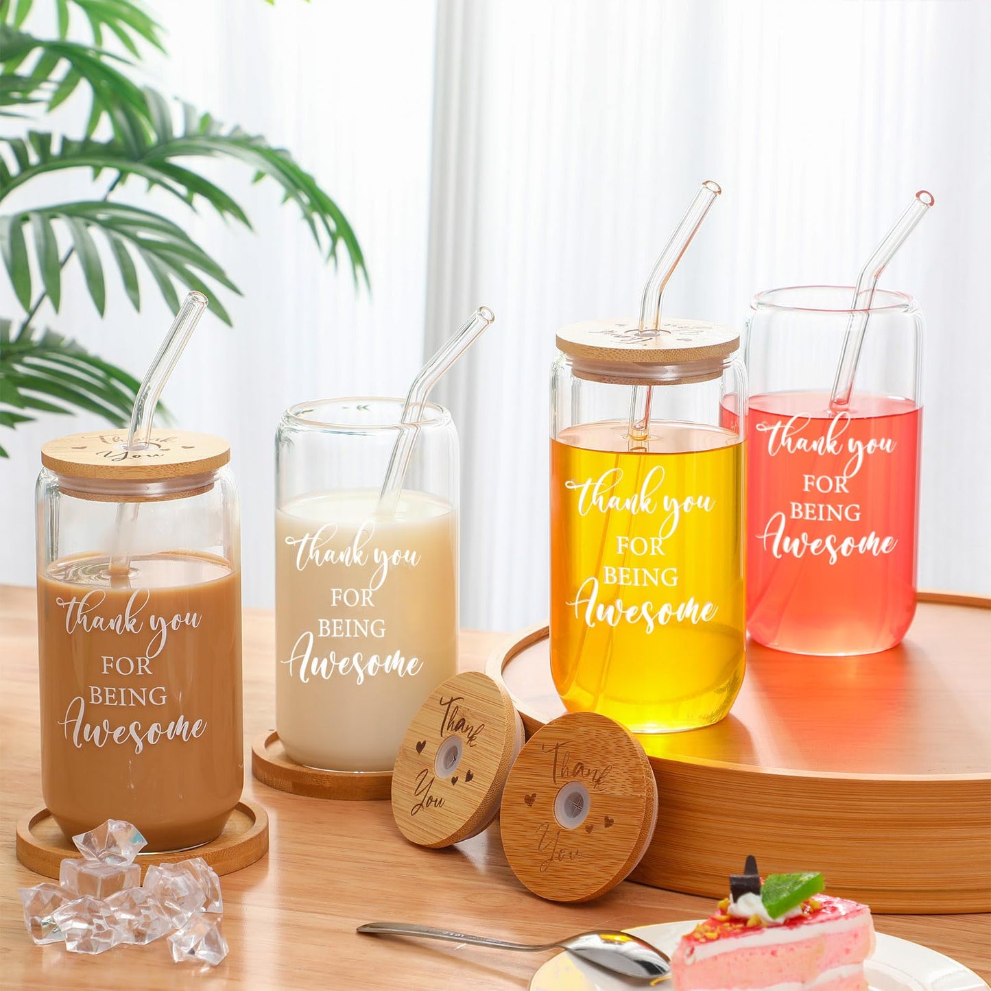 Tioncy 8 Pcs Team Gifts for Employees Thank You Gifts Teacher Staff Appreciation Gifts 16oz Can Shaped Beer Glass with Bamboo Lids Straws Brushes Drinking Glass Cups for Women Men Coworkers Member