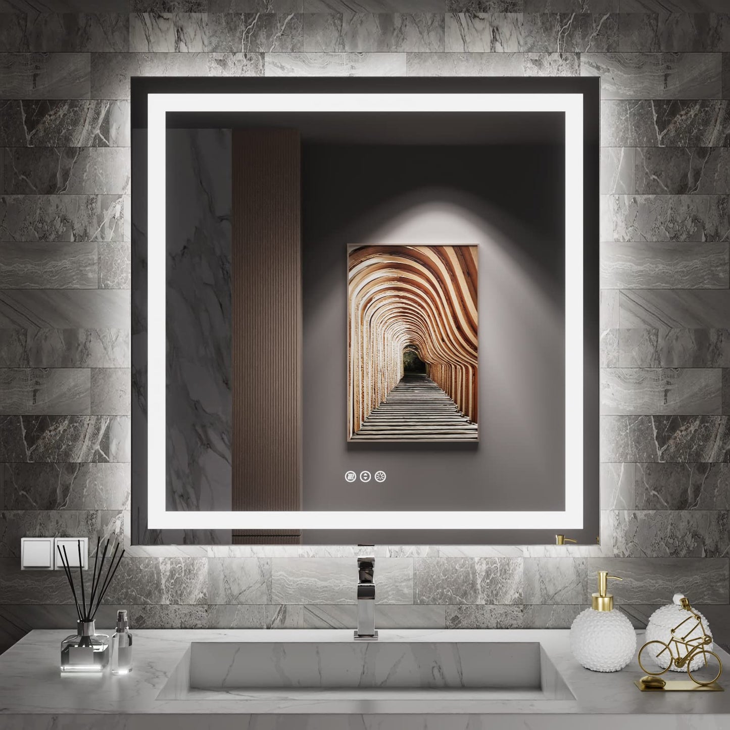 Amorho 20"x 28" LED Bathroom Mirror with Black Frame, Front Light and Backlit(Controlled Separately), Stepless Dimmable, Anti-Fog, Shatter-Proof, 3 Colors, Memory