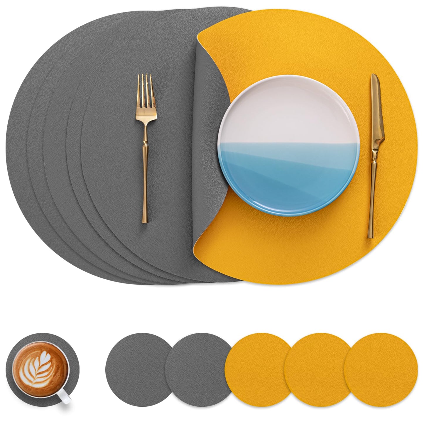 Myir JUN Round Table Placemats Set of 4 Faux Leather Place Mats and Coasters 15 inch Round Placemats Dual Sided Placemats Non-Slip Placemats Stain Resistant Placemats (Gray & Yellow, Set of 4)