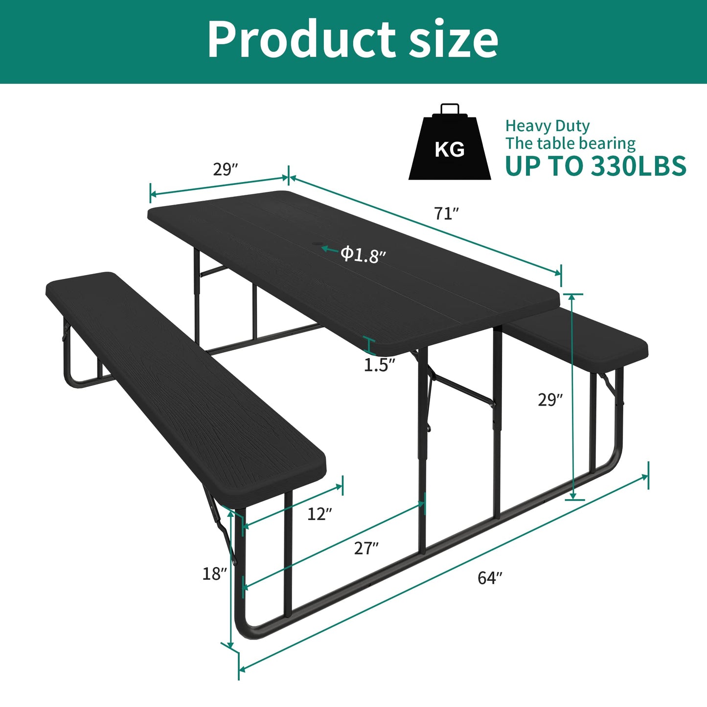 YITAHOME Table de pique-nique d'extérieur de 1,8 m avec plateau en bois, cadre en acier robuste et ouverture pour parapluie, table de pique-nique robuste idéale pour la cour, le patio, les rassemblements sur la pelouse, marron clair 