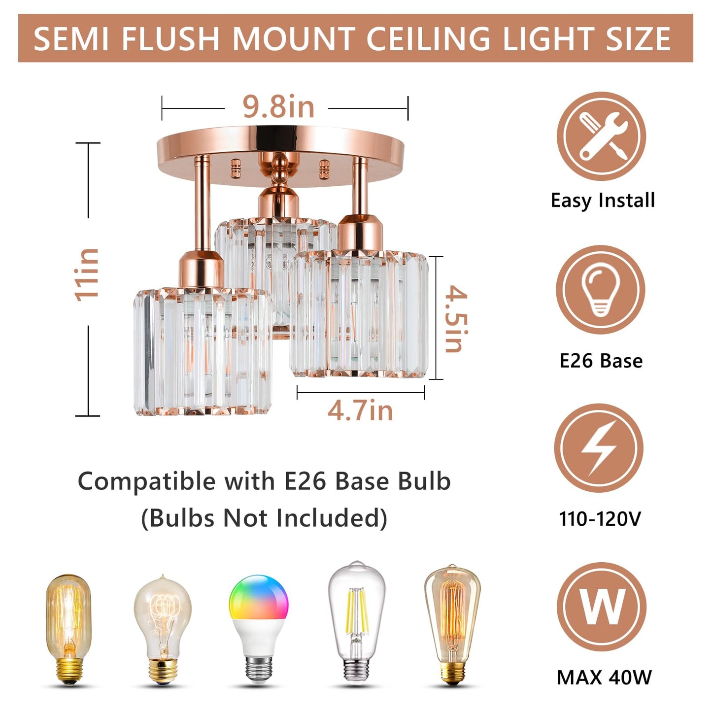 3-Light Crystal Semi Flush Mount Ceiling Light | Black Modern Fixture for Kitchen, Hallway & Bedroom