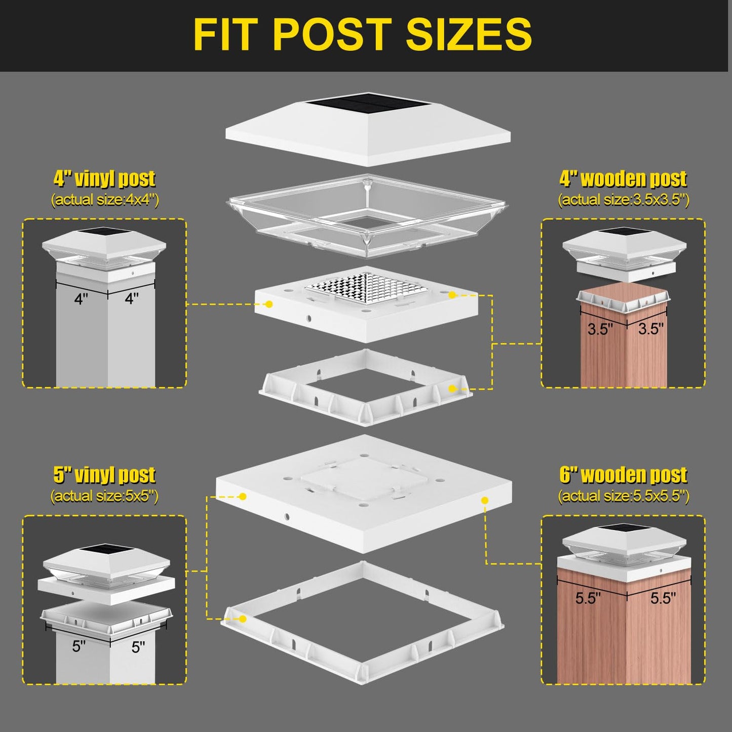 T-SUN Solar Post Cap Lights, 6 Pack – Warm & Cool White, Waterproof, Fits 4x4/5x5/6x6 Posts