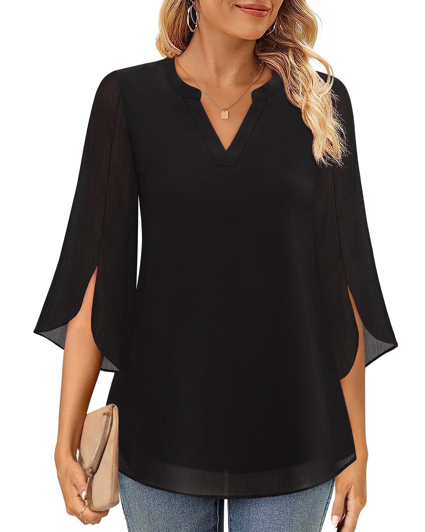 Timeson Women's 3/4 Sleeve Chiffon Blouse Shirt V Neck Dressy Tunic Tops