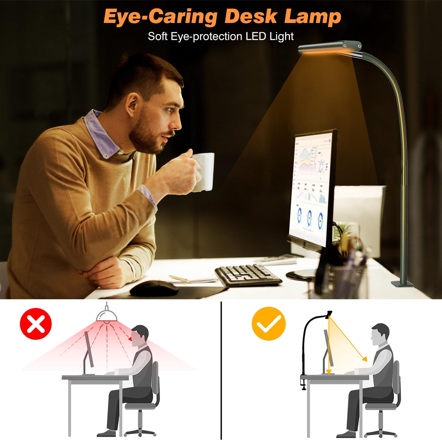 LED Desk Lamp for Office Home, Eye-Caring Desk Light with Stepless Dimming Adjustable Flexible Gooseneck, 10W USB Adapter Desk Lamp with Clamp for Reading, Study, Workbench (Black)