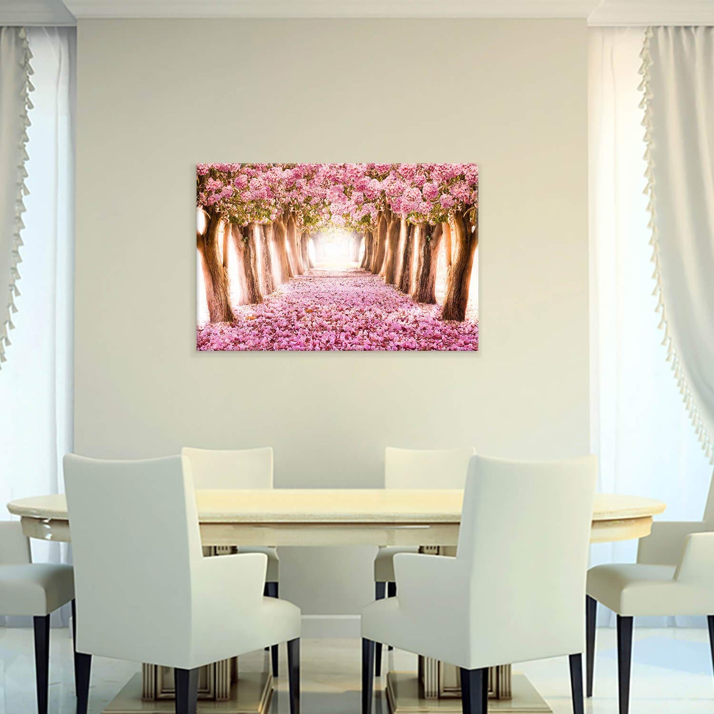 UTOP-art Tableau mural avec fleurs roses : paysage forestier, arbre, chemin, peinture sur toile enveloppée pour salon (36'' x 24'' x 1 panneau) 