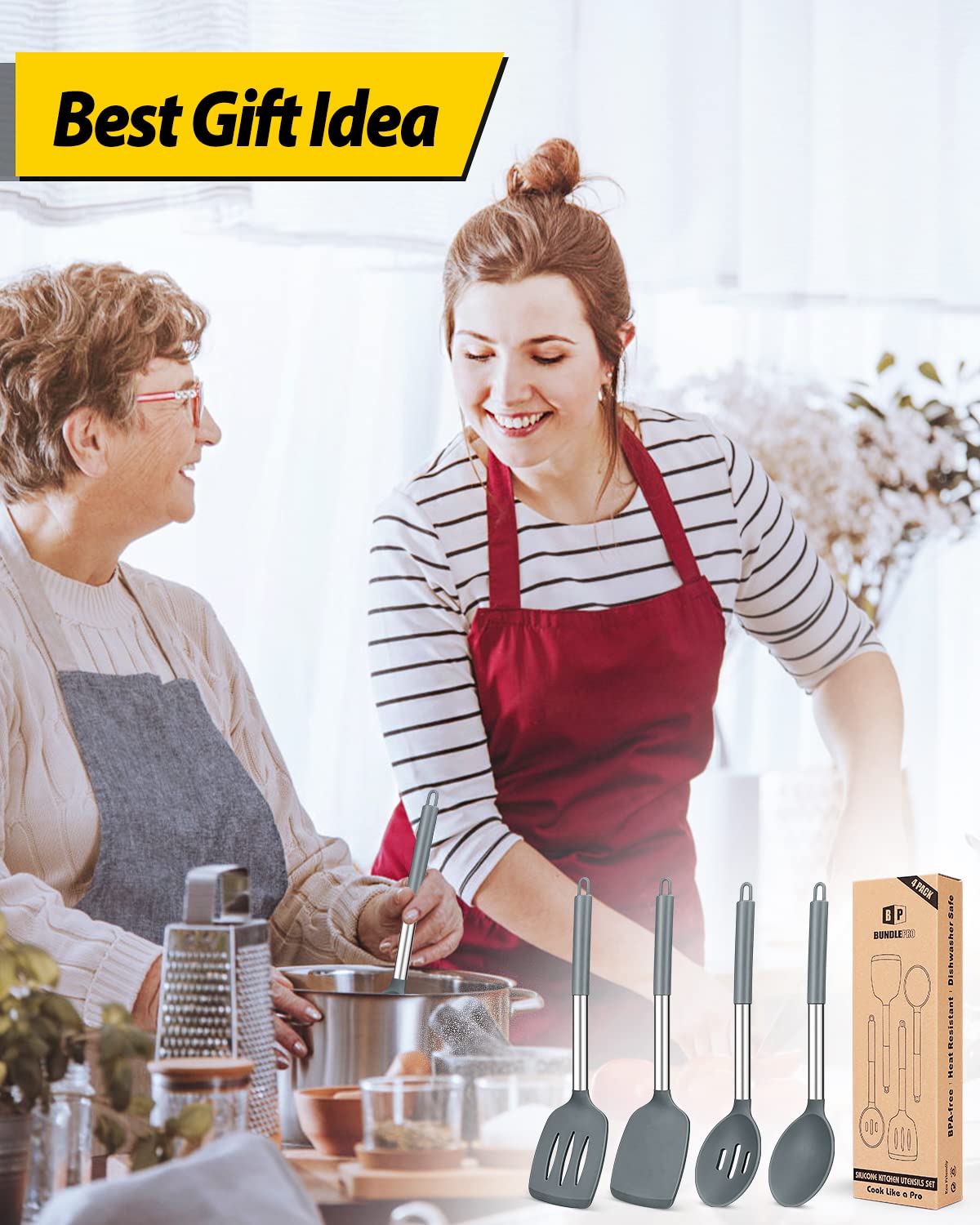 4er-Set Kochutensilien aus Silikon, große, massive, antihaftbeschichtete Spatel, hitzebeständige Schlitzlöffel in Roségold-Khaki, ideale BPA-freie Küchenwender zum Braten, Mischen, Servieren, Abtropfen und Wenden. 