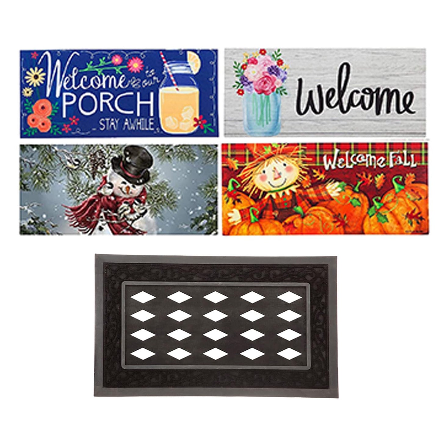 Evergreen Sassafras Bundle - Set of 5 Seasonal Interchangeable Entrance Doormats | Indoor and Outdoor |22-in x 10-in doormats and 28-in x 16-in Tray | Non-Slip Backing | Low Profile | Home Décor