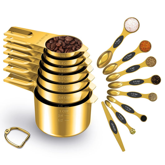 Goldfarbenes Messbecher- und Löffel-Set, 15 Stück, 18/8 Edelstahl, inkl. 7 ineinander stapelbaren Messbechern aus Metall, 8 magnetischen Messlöffeln – ideale Küchenhelfer zum Kochen und Backen 