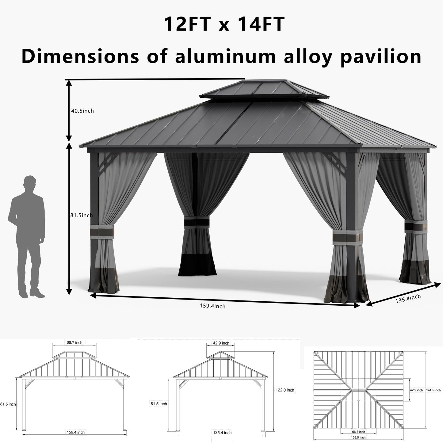 12x20ft Hardtop Gazebo Double Roof, Outdoor Pavilion with 2-Layer Hard top Galvanized Iron Frame Garden Tent, Suitable for courtyards, backyards, Decks, and Grass