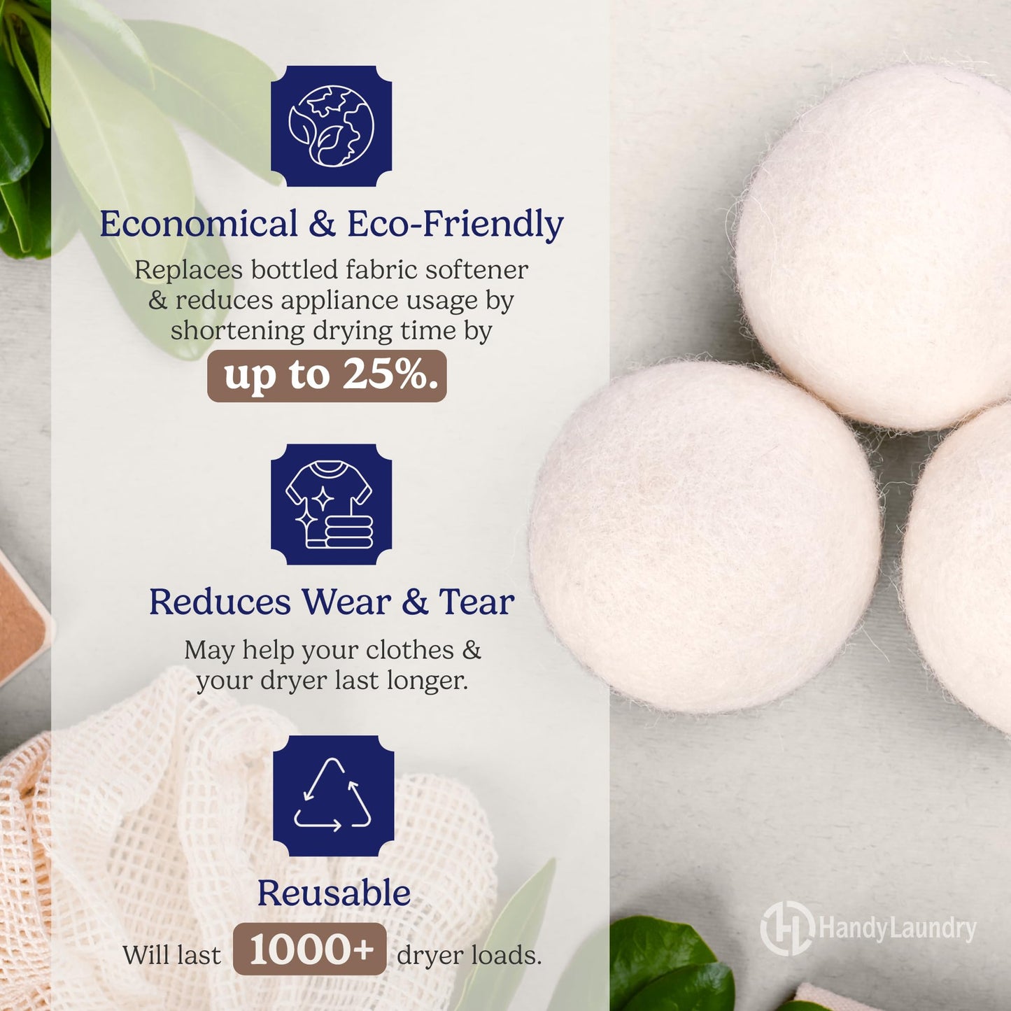 Handy Laundry Wool Dryer Balls - Natural Fabric Softener, Reusable, Reduces Clothing Wrinkles and Saves Drying Time, Better Alternative to Plastic Balls and Liquid Softener (Pack of 6)