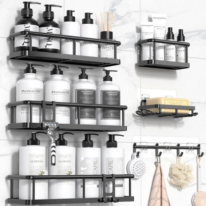 6-Pack Black Shower Caddy Set – Rustproof Bathroom Organizer with Soap Holder & 12 Hooks, No-Drill Wall Mount Storage.
