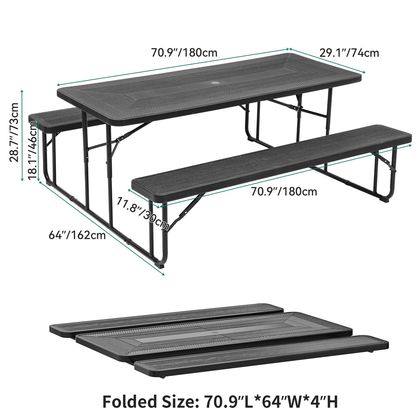 YITAHOME Table de pique-nique d'extérieur de 1,8 m avec plateau en bois, cadre en acier robuste et ouverture pour parapluie, table de pique-nique robuste idéale pour la cour, le patio, les rassemblements sur la pelouse, marron clair 