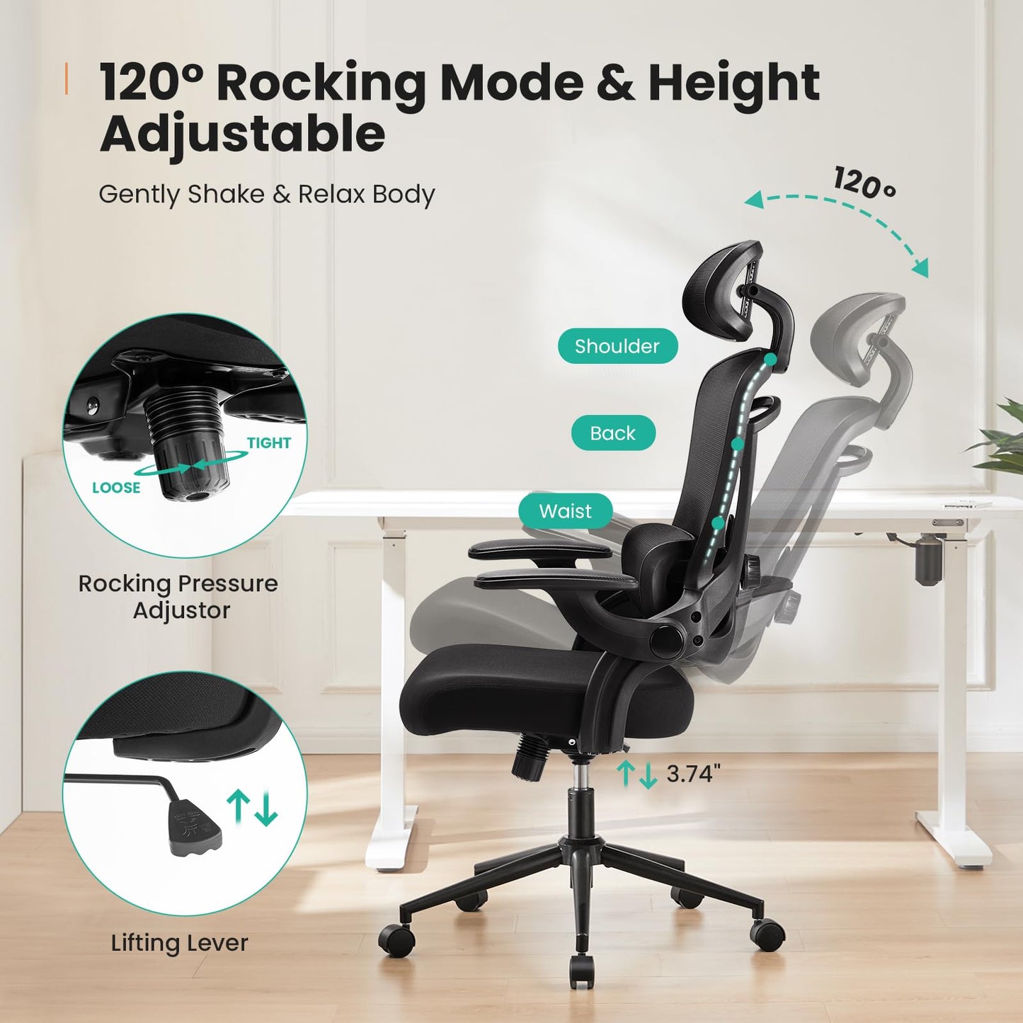 Ergonomischer Bürostuhl aus Netzgewebe, Schreibtischstuhl mit hoher Rückenlehne und 2D-Kopfstütze, Lendenwirbelstütze mit Auf- und Ab-Funktion, drehbarer Computer-Arbeitsstuhl mit verstellbaren, hochklappbaren Armlehnen, Schwarz 